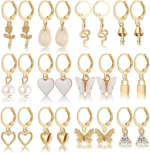 FUTIMELY 12 Pairs Gold Earrings Set for Women,Hypoallergenic Fashion Heart Butterfly Snake Pearl Link Drop Dangle Earrings Multipack Hoop Earring Jewelry (12pcs-Gold)