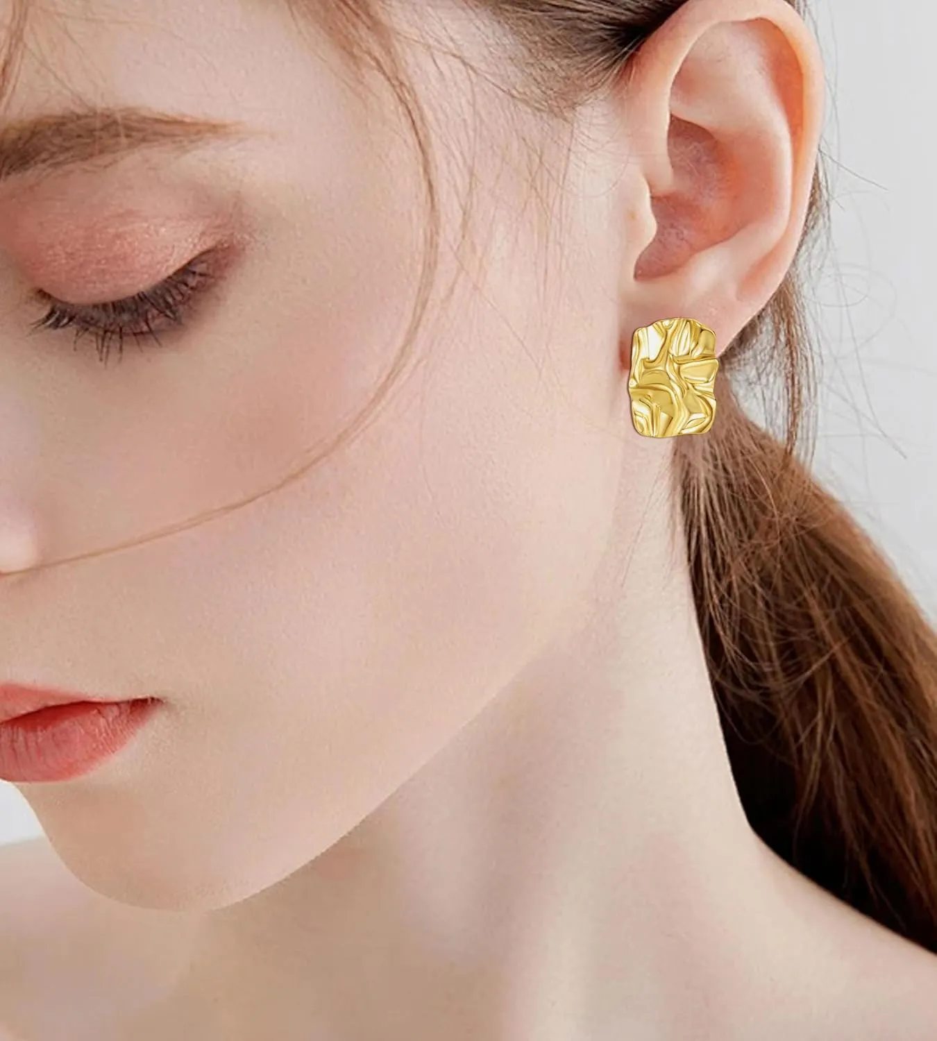 Fxiqini Chunky Stud Earrings 14K Gold Plated Geometric Rectangle Wave Hammered Earrings Irregular Statement Earrings for Women Jewelry Gifts