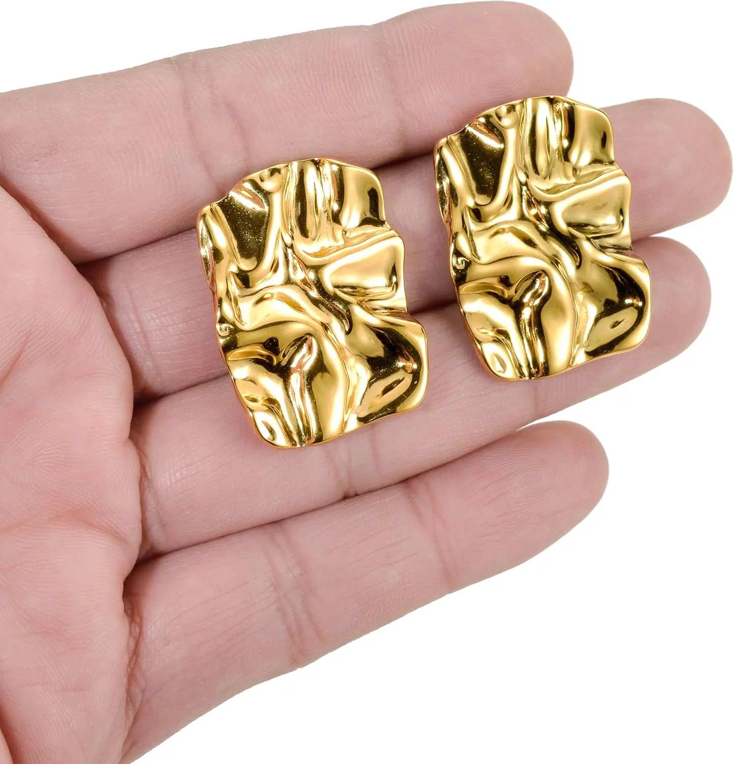 Fxiqini Chunky Stud Earrings 14K Gold Plated Geometric Rectangle Wave Hammered Earrings Irregular Statement Earrings for Women Jewelry Gifts