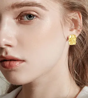 Fxiqini Chunky Stud Earrings 14K Gold Plated Geometric Rectangle Wave Hammered Earrings Irregular Statement Earrings for Women Jewelry Gifts