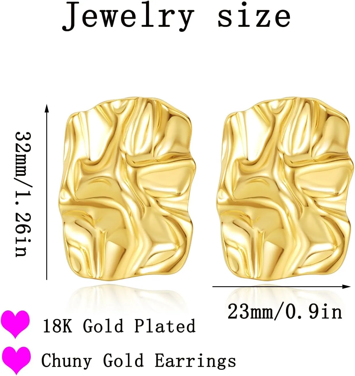 Fxiqini Chunky Stud Earrings 14K Gold Plated Geometric Rectangle Wave Hammered Earrings Irregular Statement Earrings for Women Jewelry Gifts