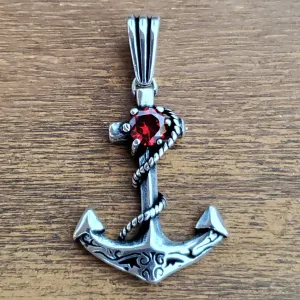 Garnet Anchor Nautical Amulet .925 Sterling Silver Charm Pendant