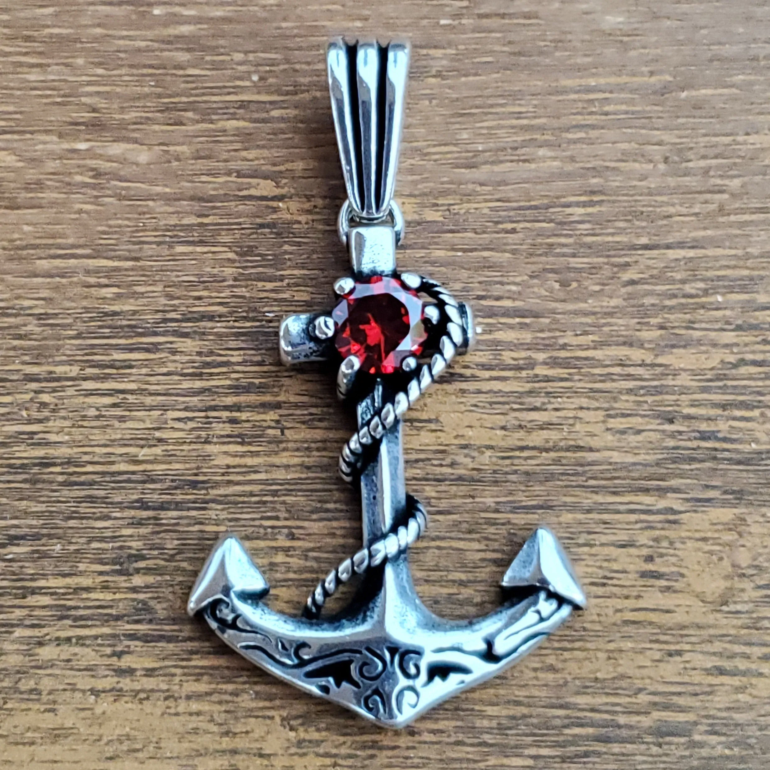 Garnet Anchor Nautical Amulet .925 Sterling Silver Charm Pendant