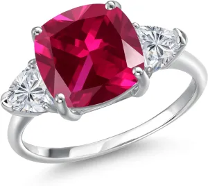 Gem Stone King 10K White Gold Red Created Ruby and Lab Grown Diamond Engagement Ring For Women | 5.74 Cttw | Cushion 10MM | Gemstone July Birthstone | Available in Size 5,6,7,8,9