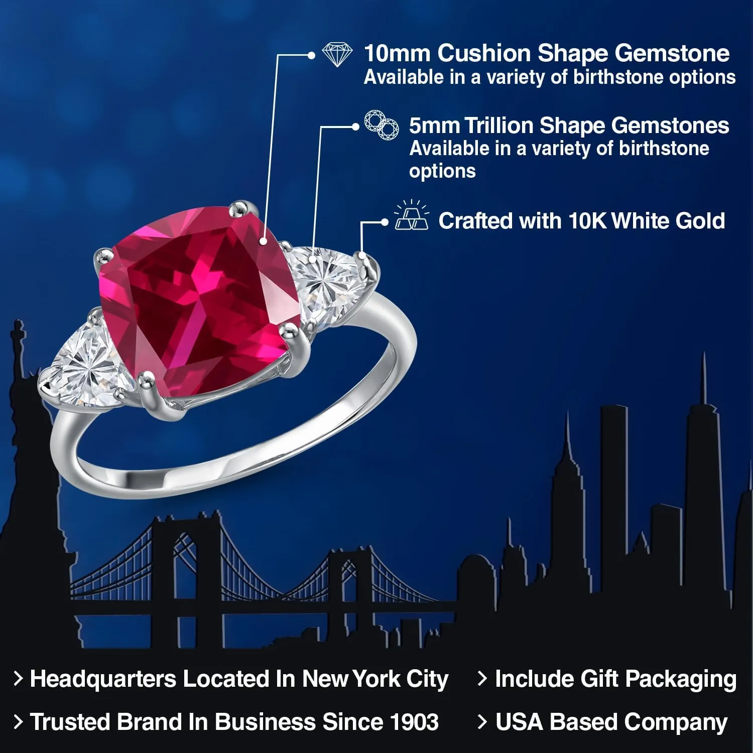 Gem Stone King 10K White Gold Red Created Ruby and Lab Grown Diamond Engagement Ring For Women | 5.74 Cttw | Cushion 10MM | Gemstone July Birthstone | Available in Size 5,6,7,8,9