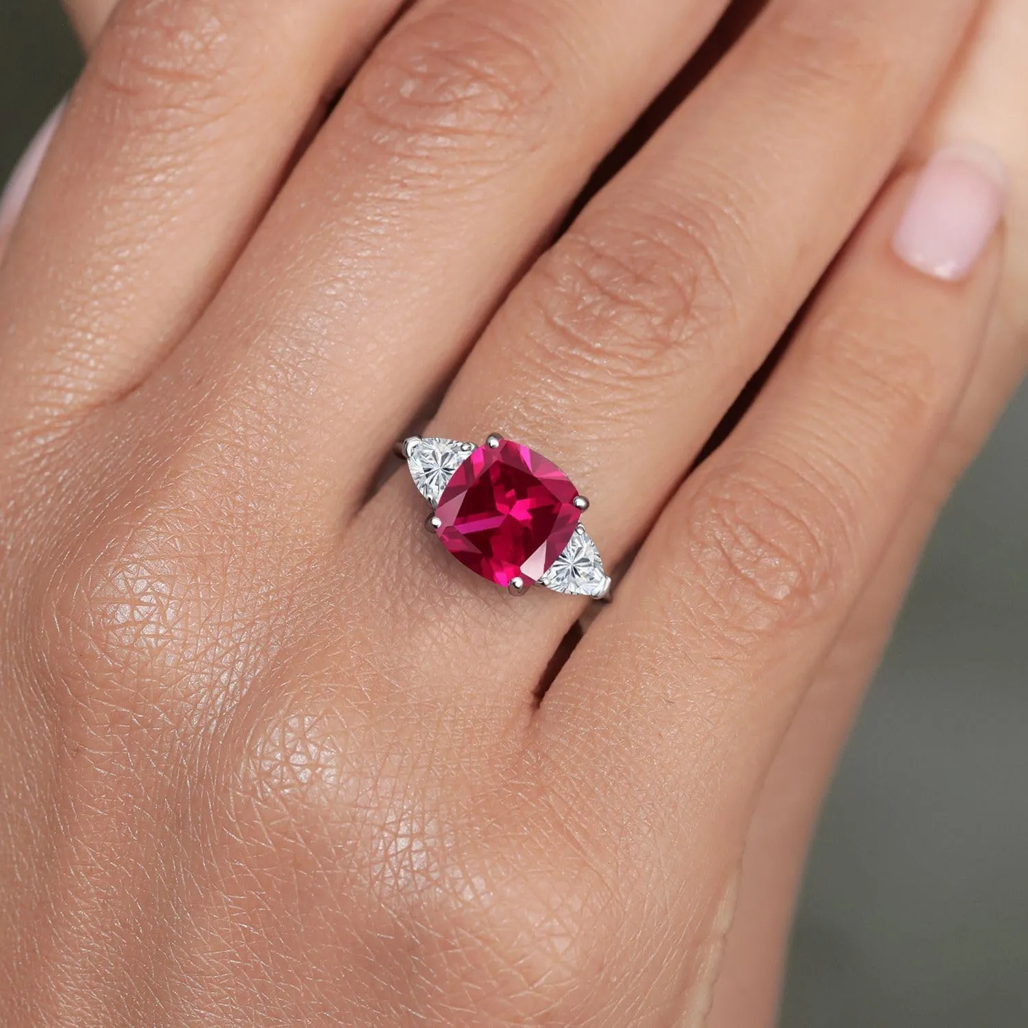 Gem Stone King 10K White Gold Red Created Ruby and Lab Grown Diamond Engagement Ring For Women | 5.74 Cttw | Cushion 10MM | Gemstone July Birthstone | Available in Size 5,6,7,8,9