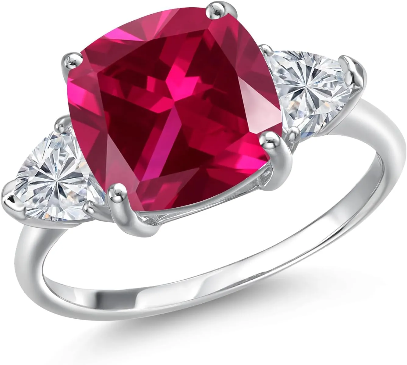 Gem Stone King 10K White Gold Red Created Ruby and Lab Grown Diamond Engagement Ring For Women | 5.74 Cttw | Cushion 10MM | Gemstone July Birthstone | Available in Size 5,6,7,8,9