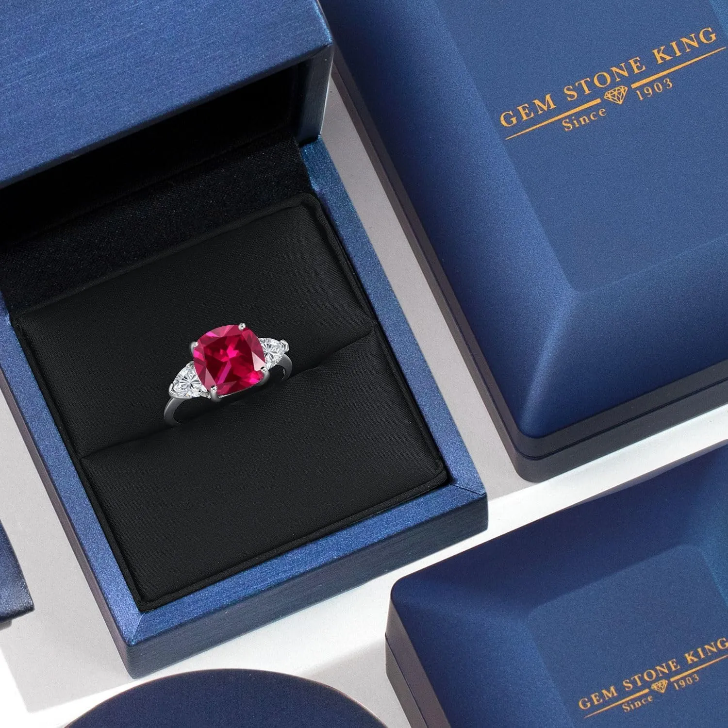Gem Stone King 10K White Gold Red Created Ruby and Lab Grown Diamond Engagement Ring For Women | 5.74 Cttw | Cushion 10MM | Gemstone July Birthstone | Available in Size 5,6,7,8,9