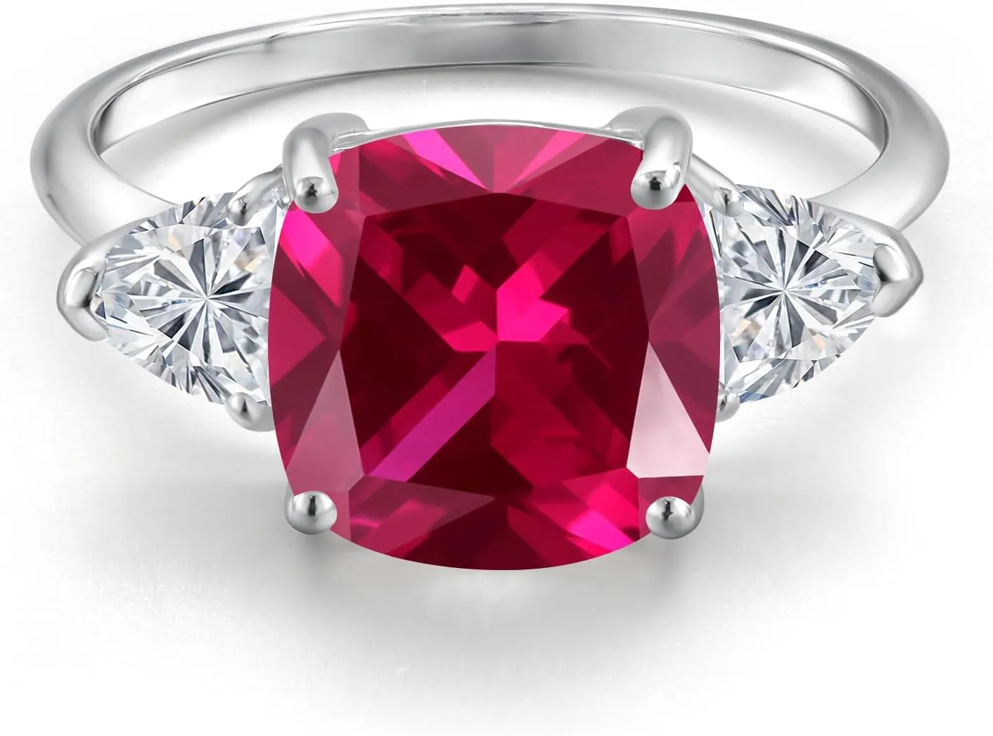 Gem Stone King 10K White Gold Red Created Ruby and Lab Grown Diamond Engagement Ring For Women | 5.74 Cttw | Cushion 10MM | Gemstone July Birthstone | Available in Size 5,6,7,8,9