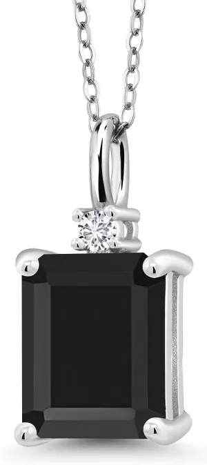 Gem Stone King 925 Silver Black Onyx and White Lab Grown Diamond Pendant Necklace For Women (3.17 Cttw, Gemstone December Birthstone, Emerald Cut 10X8MM with 18 Inch Silver Chain)