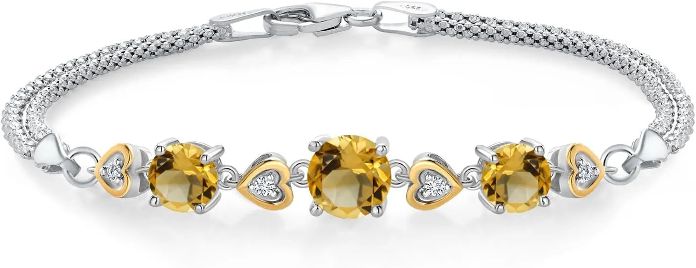 Gem Stone King 925 Sterling Silver and 10k Yellow Gold Yellow Citrine and White Lab Grown Diamond Bracelet For Women (2.98 Cttw, Round 7MM and 6MM, 6.5/7/7.5 Inch, Made In Italy)