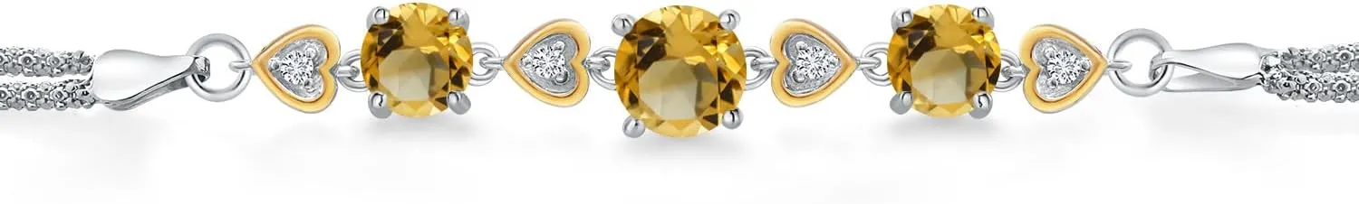 Gem Stone King 925 Sterling Silver and 10k Yellow Gold Yellow Citrine and White Lab Grown Diamond Bracelet For Women (2.98 Cttw, Round 7MM and 6MM, 6.5/7/7.5 Inch, Made In Italy)