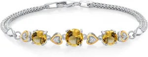 Gem Stone King 925 Sterling Silver and 10k Yellow Gold Yellow Citrine and White Lab Grown Diamond Bracelet For Women (2.98 Cttw, Round 7MM and 6MM, 6.5/7/7.5 Inch, Made In Italy)