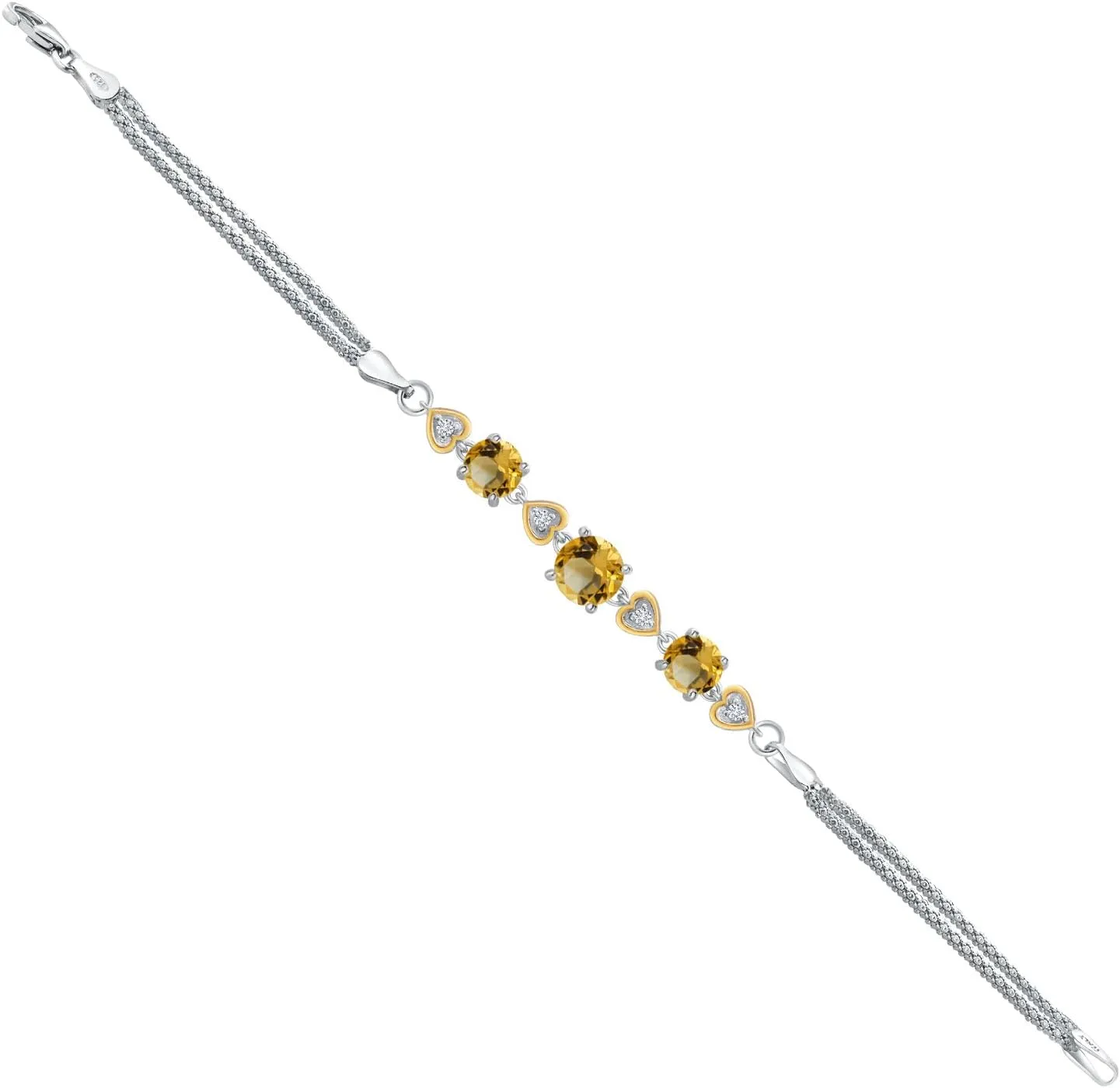 Gem Stone King 925 Sterling Silver and 10k Yellow Gold Yellow Citrine and White Lab Grown Diamond Bracelet For Women (2.98 Cttw, Round 7MM and 6MM, 6.5/7/7.5 Inch, Made In Italy)