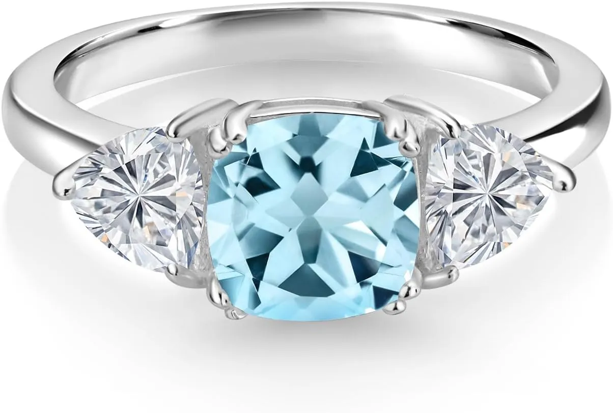 Gem Stone King 925 Sterling Silver Sky Blue Topaz and Lab Grown Diamond Engagement Ring For Women | 2.74 Cttw | Cushion 7MM | Gemstone November Birthstone | Available in Size 5,6,7,8,9