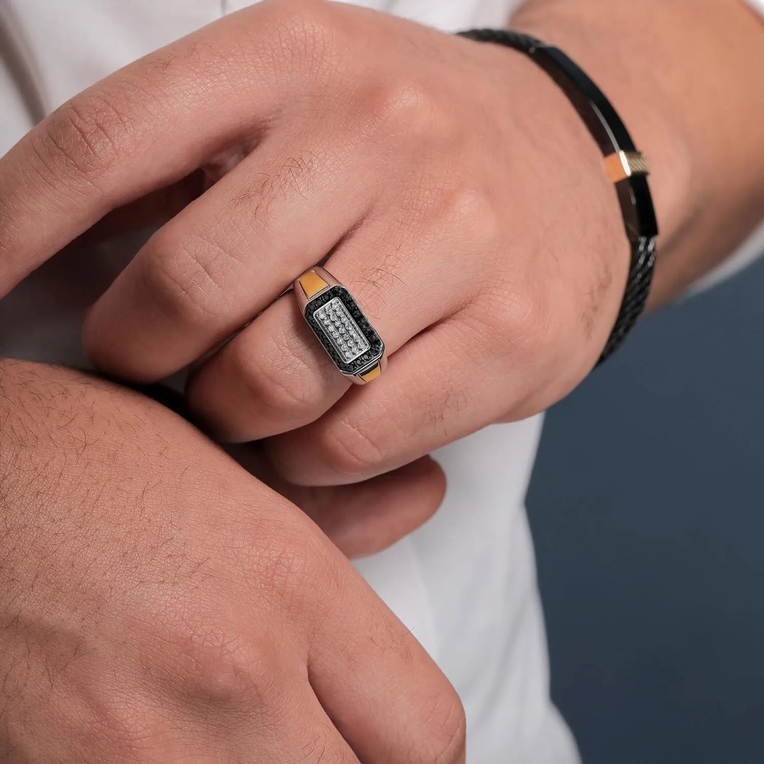 Gem Stone King Men's 925 Sterling Silver and 10K Yellow Gold Black Diamond and White Lab Grown Diamond Ring For Men | 0.43 Cttw | 9.5MM Width | Available in Size 7,8,9,10,11,12,13