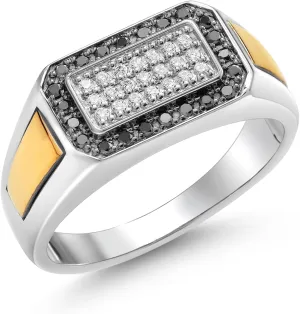 Gem Stone King Men's 925 Sterling Silver and 10K Yellow Gold Black Diamond and White Lab Grown Diamond Ring For Men | 0.43 Cttw | 9.5MM Width | Available in Size 7,8,9,10,11,12,13
