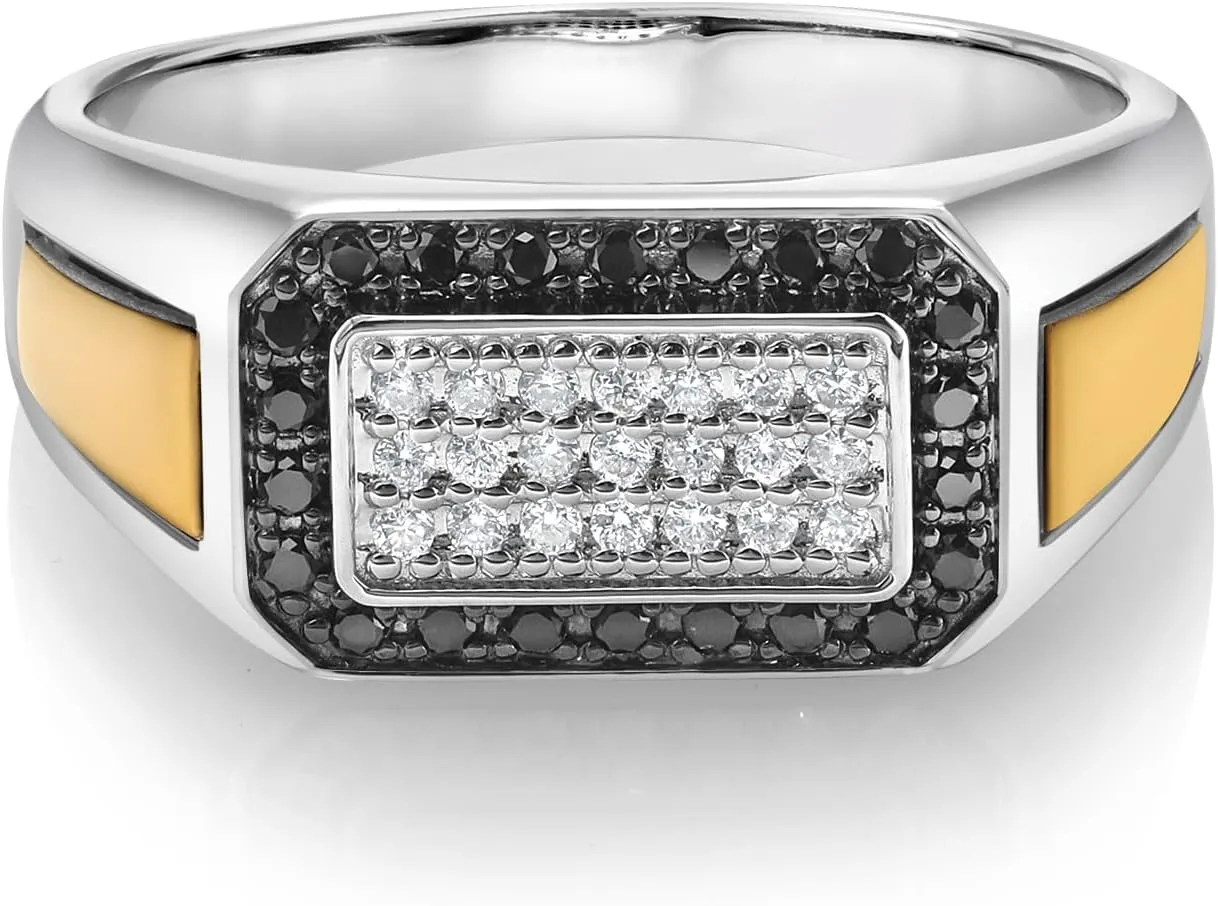 Gem Stone King Men's 925 Sterling Silver and 10K Yellow Gold Black Diamond and White Lab Grown Diamond Ring For Men | 0.43 Cttw | 9.5MM Width | Available in Size 7,8,9,10,11,12,13