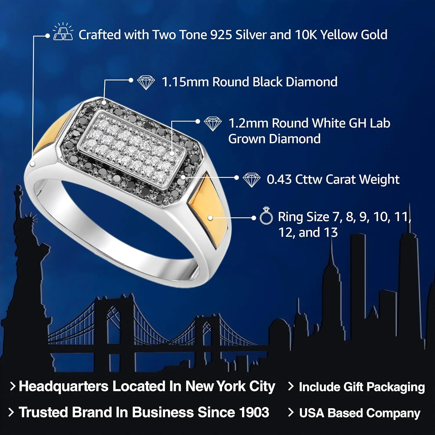 Gem Stone King Men's 925 Sterling Silver and 10K Yellow Gold Black Diamond and White Lab Grown Diamond Ring For Men | 0.43 Cttw | 9.5MM Width | Available in Size 7,8,9,10,11,12,13