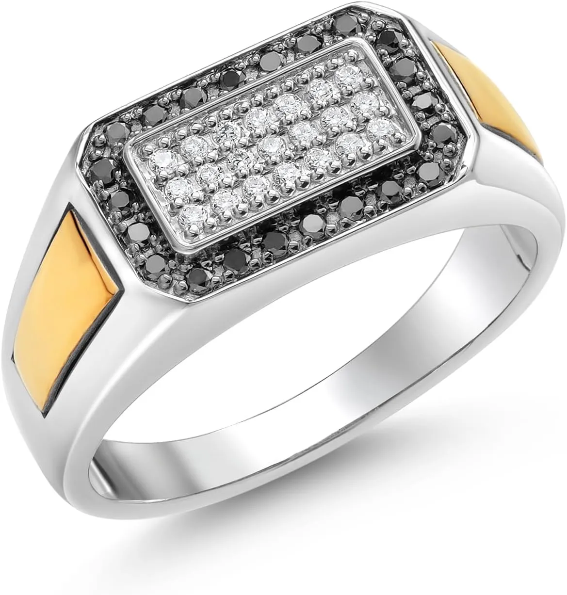 Gem Stone King Men's 925 Sterling Silver and 10K Yellow Gold Black Diamond and White Lab Grown Diamond Ring For Men | 0.43 Cttw | 9.5MM Width | Available in Size 7,8,9,10,11,12,13