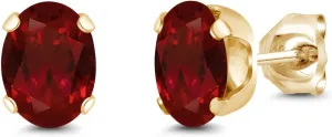 Gem Stone King Yellow Gold Plated Red Garnet Stud Earrings For Women Men (2.20 Cttw, Gemstone Birthstone, Oval 7X5MM)