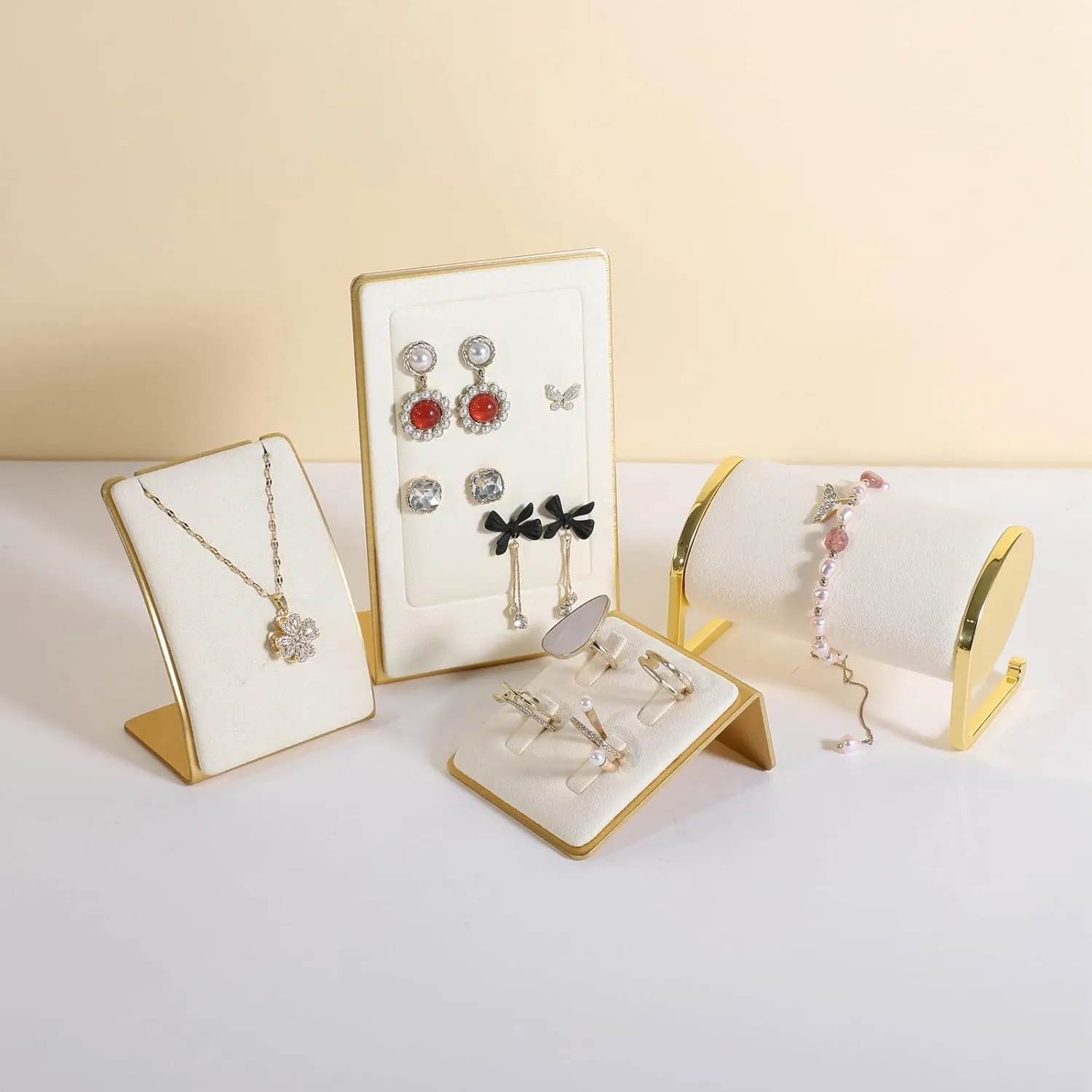 GemeShou Beige Ring Display for Selling, Jewelry Ring Organizer-Velvet Metal Series