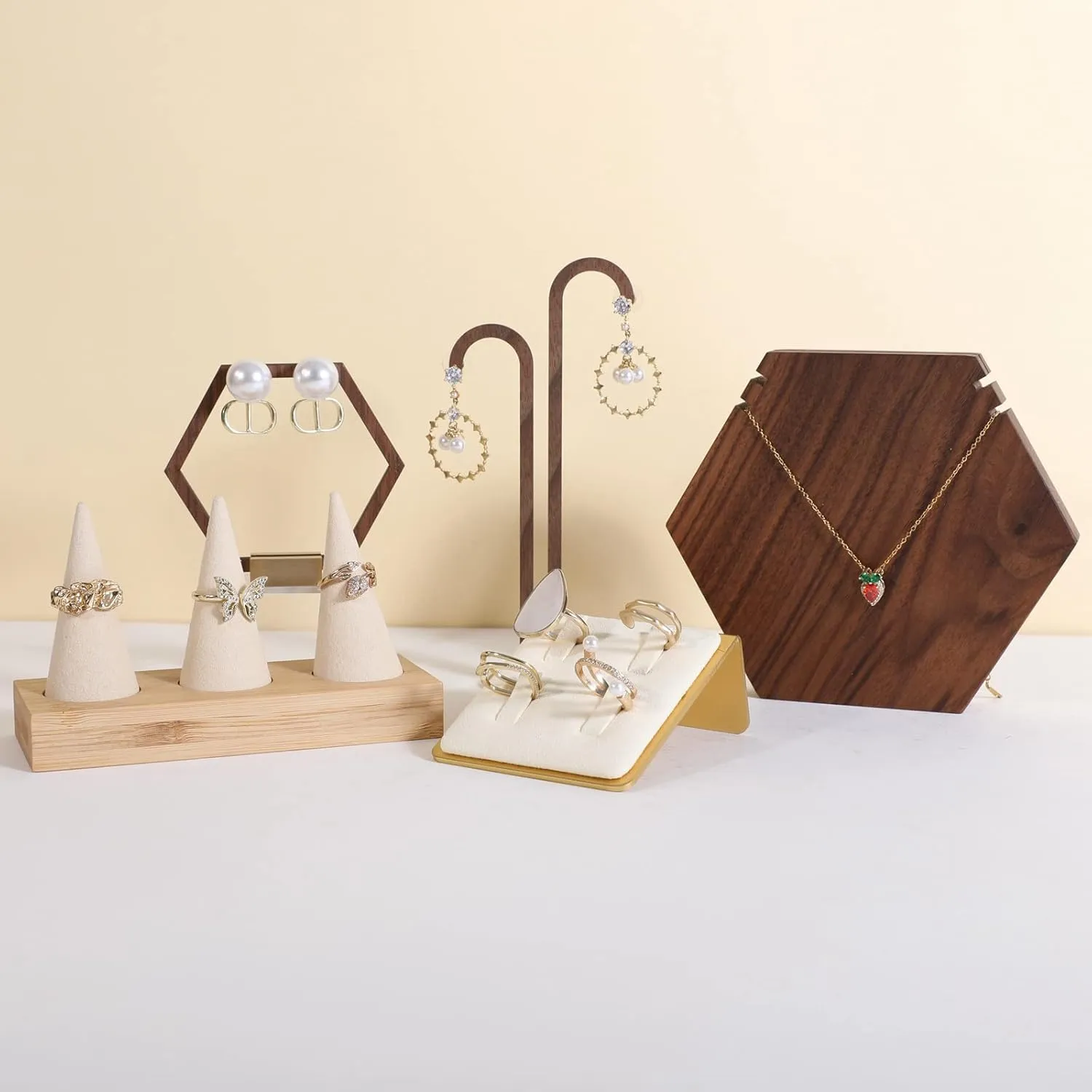 GemeShou Beige Ring Display for Selling, Jewelry Ring Organizer-Velvet Metal Series