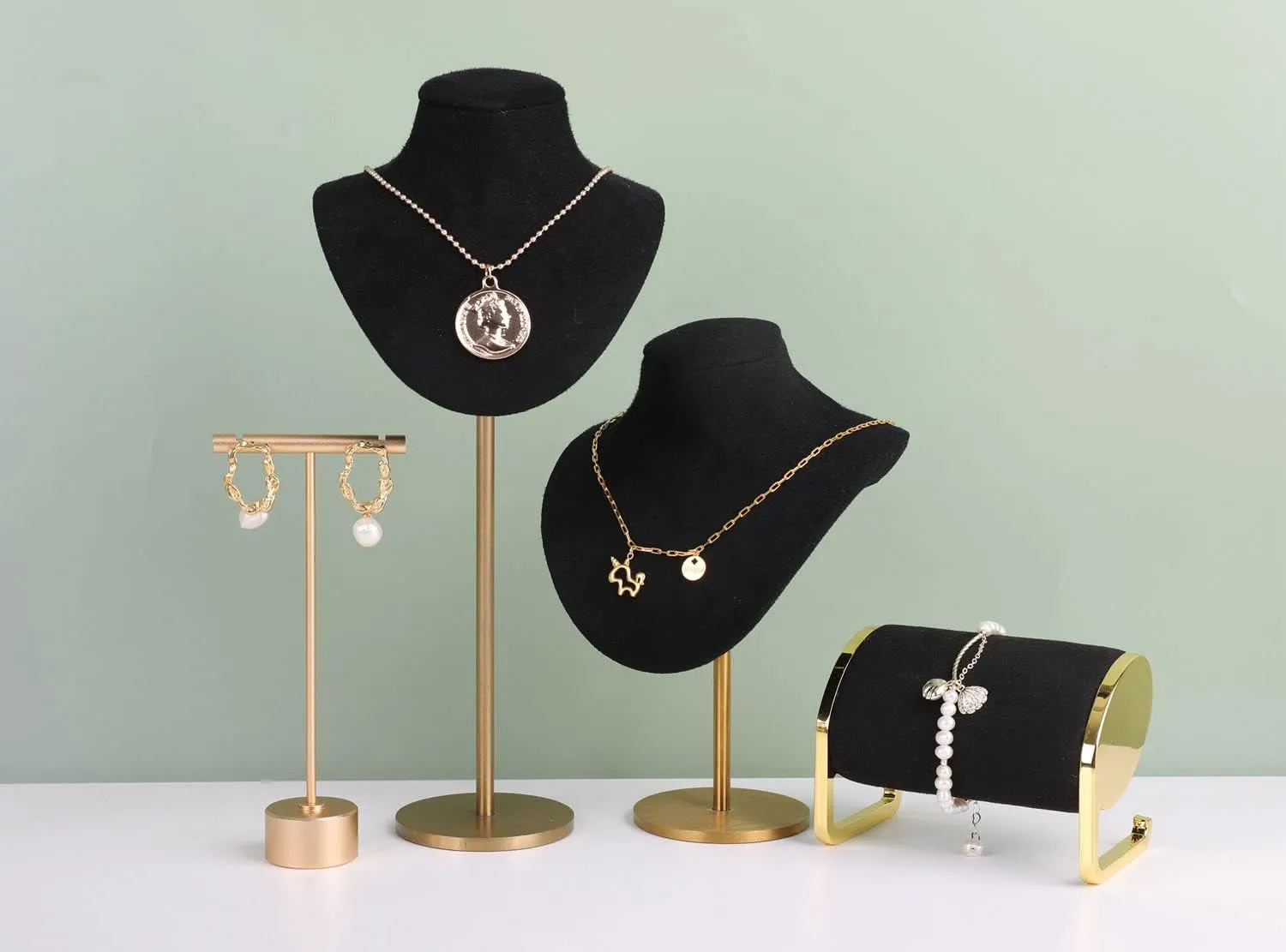 GemeShou Velvet necklace display stands for selling, Black jewelry bust holder, Gold metal necklace jewelry organizerBlack-Height 7.48 inch