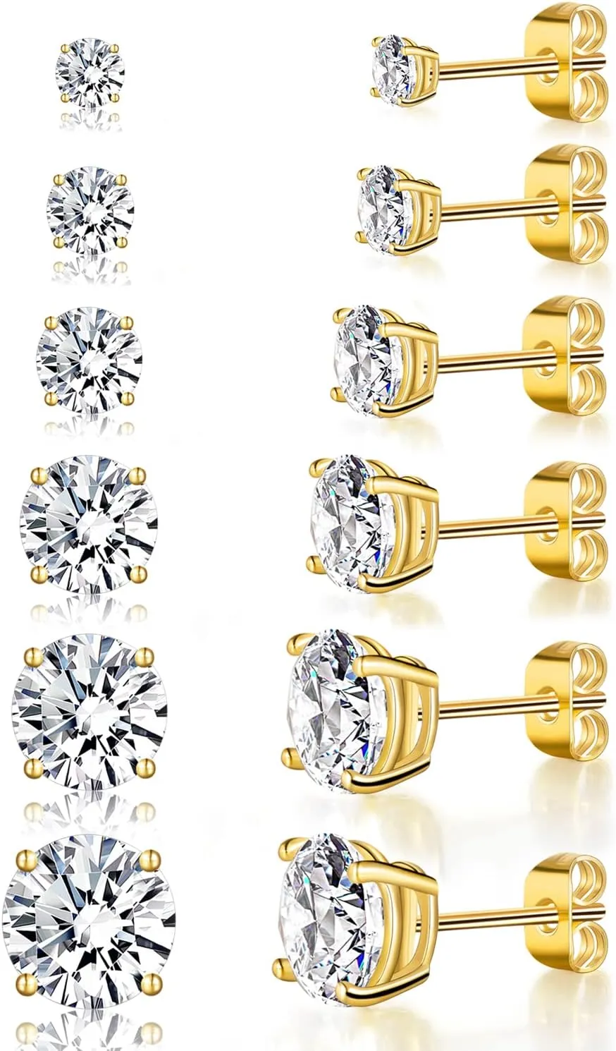 Gemsme 3-8mm Round Cut Cubic Zirconia Gold Earrings for Women/Men Trendy - Hypoallergenic Flat Back Stainless Steel With 18K Yellow Gold Plated CZ Stud Earrings Set - 6 Pairs