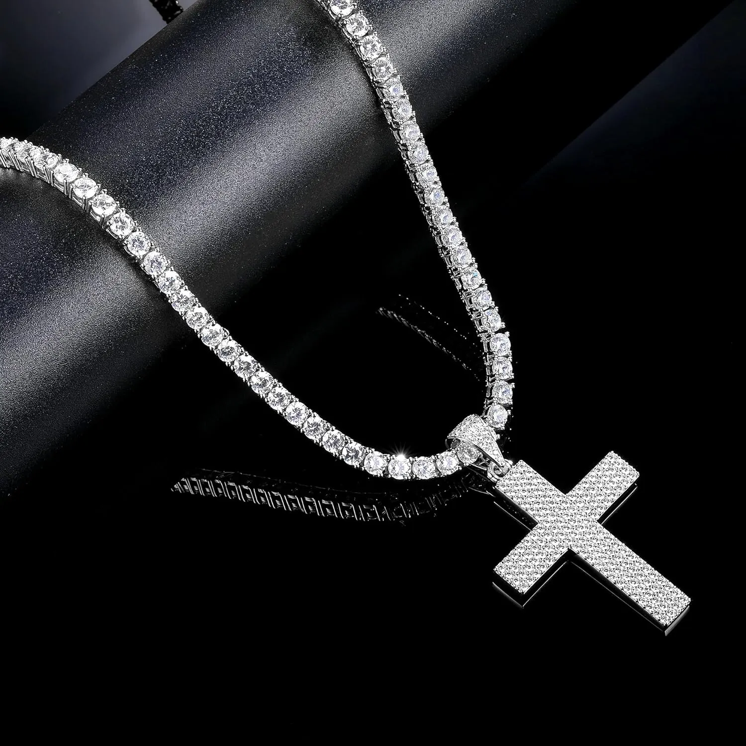 Gemsme Cross Necklace for Men Gold Tennis Necklace 18K White Gold Plated Solid Iced Cubic Zirconia Stainless Steel Cross Pendant Chain for Women Size 16-18inch