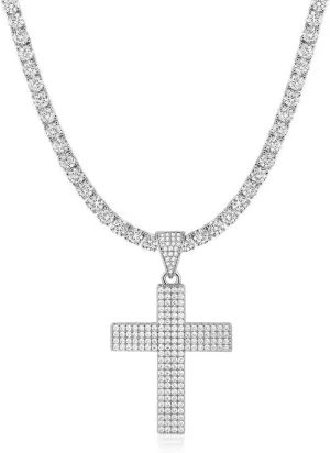 Gemsme Cross Necklace for Men Gold Tennis Necklace 18K White Gold Plated Solid Iced Cubic Zirconia Stainless Steel Cross Pendant Chain for Women Size 16-18inch