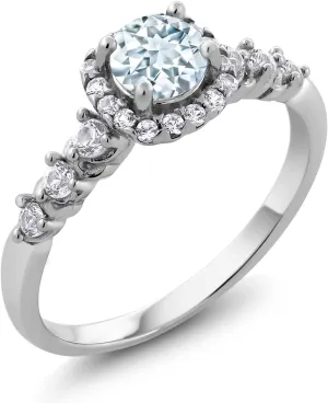 Gemstone Birthstone and White Created Sapphire Halo Engagement Ring For Women in 925 Sterling Silver | Round 5MM Center with 2MM and 1.2MM Accents | Fine Wedding Anniversary Promise Ring | Sizes 5-9