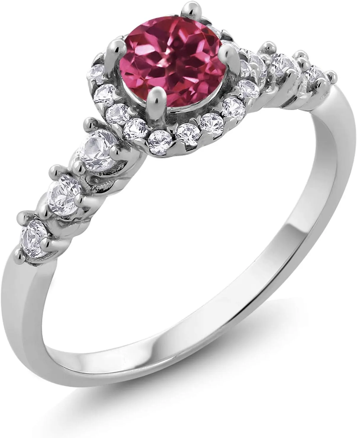 Gemstone Birthstone and White Created Sapphire Halo Engagement Ring For Women in 925 Sterling Silver | Round 5MM Center with 2MM and 1.2MM Accents | Fine Wedding Anniversary Promise Ring | Sizes 5-9