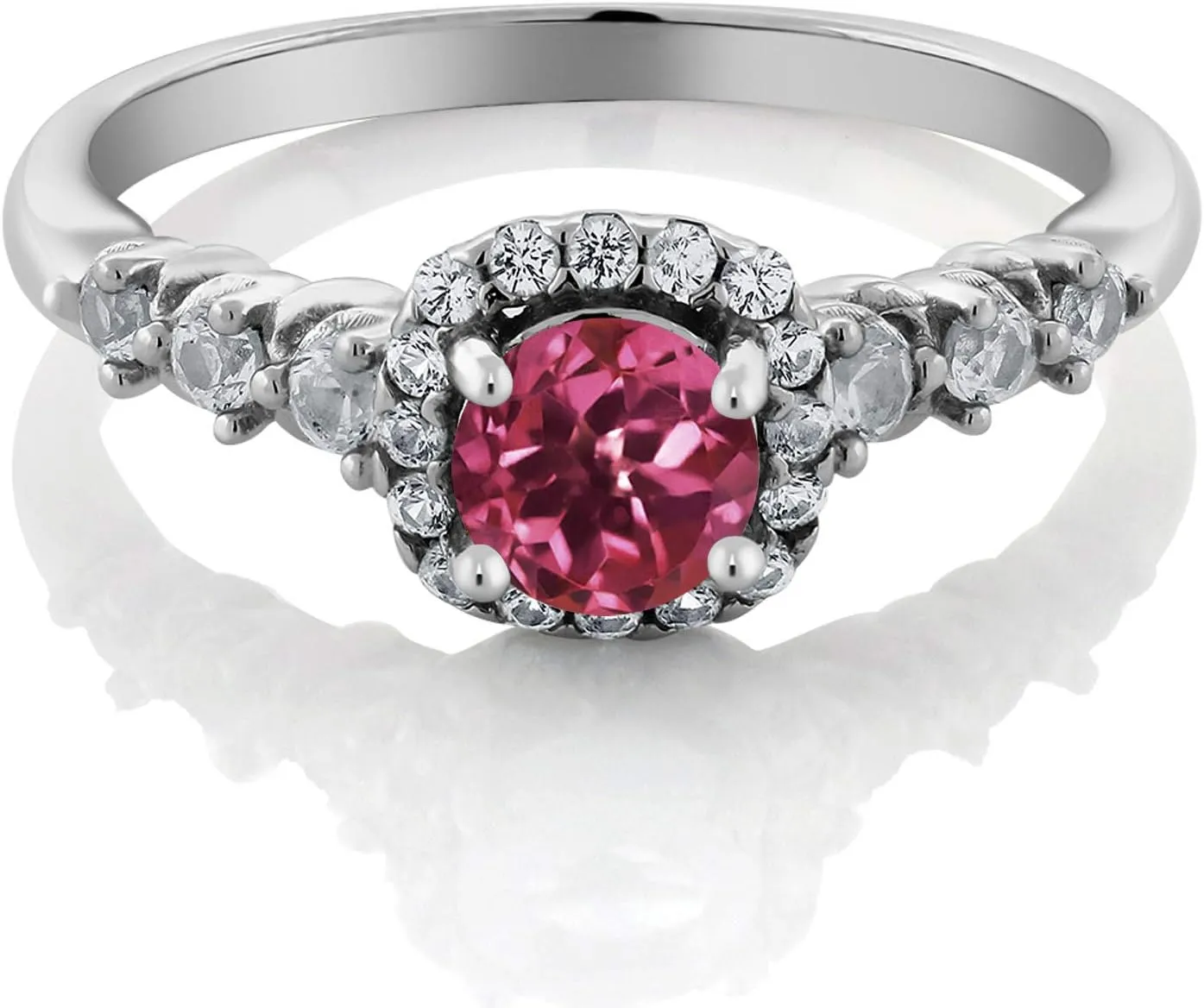 Gemstone Birthstone and White Created Sapphire Halo Engagement Ring For Women in 925 Sterling Silver | Round 5MM Center with 2MM and 1.2MM Accents | Fine Wedding Anniversary Promise Ring | Sizes 5-9