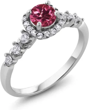 Gemstone Birthstone and White Created Sapphire Halo Engagement Ring For Women in 925 Sterling Silver | Round 5MM Center with 2MM and 1.2MM Accents | Fine Wedding Anniversary Promise Ring | Sizes 5-9