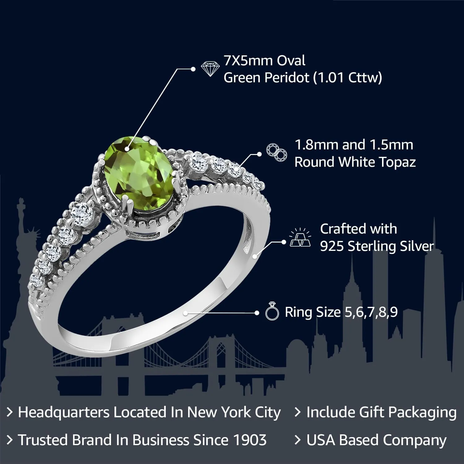 Gemstone Birthstone and White Topaz Engagement Ring for Women in 925 Sterling Silver | Oval 7X5MM | Elegant Split Shank Design with Round Accents | Fine Jewelry for Her Mom Wife | Sizes 5-9
