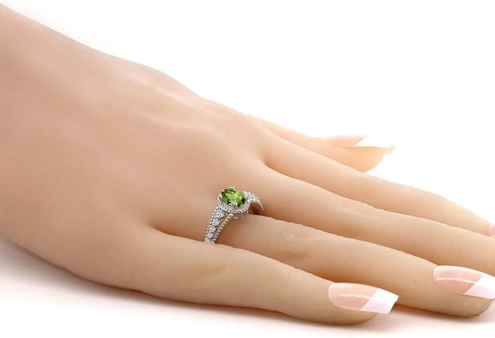 Gemstone Birthstone and White Topaz Engagement Ring for Women in 925 Sterling Silver | Oval 7X5MM | Elegant Split Shank Design with Round Accents | Fine Jewelry for Her Mom Wife | Sizes 5-9