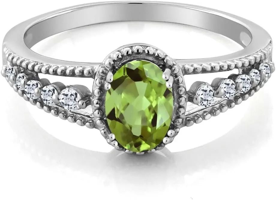 Gemstone Birthstone and White Topaz Engagement Ring for Women in 925 Sterling Silver | Oval 7X5MM | Elegant Split Shank Design with Round Accents | Fine Jewelry for Her Mom Wife | Sizes 5-9