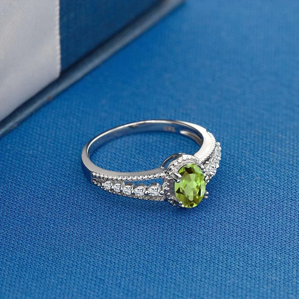 Gemstone Birthstone and White Topaz Engagement Ring for Women in 925 Sterling Silver | Oval 7X5MM | Elegant Split Shank Design with Round Accents | Fine Jewelry for Her Mom Wife | Sizes 5-9