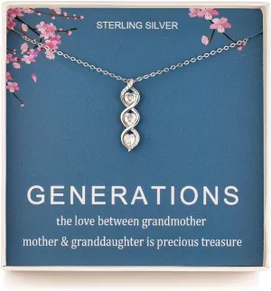 Generations Necklace - Sterling Silver Three Hearts Infinity Gene Necklace for Grandma Mom Granddaughter, Birthday Jewelry Mothers Day Gift
