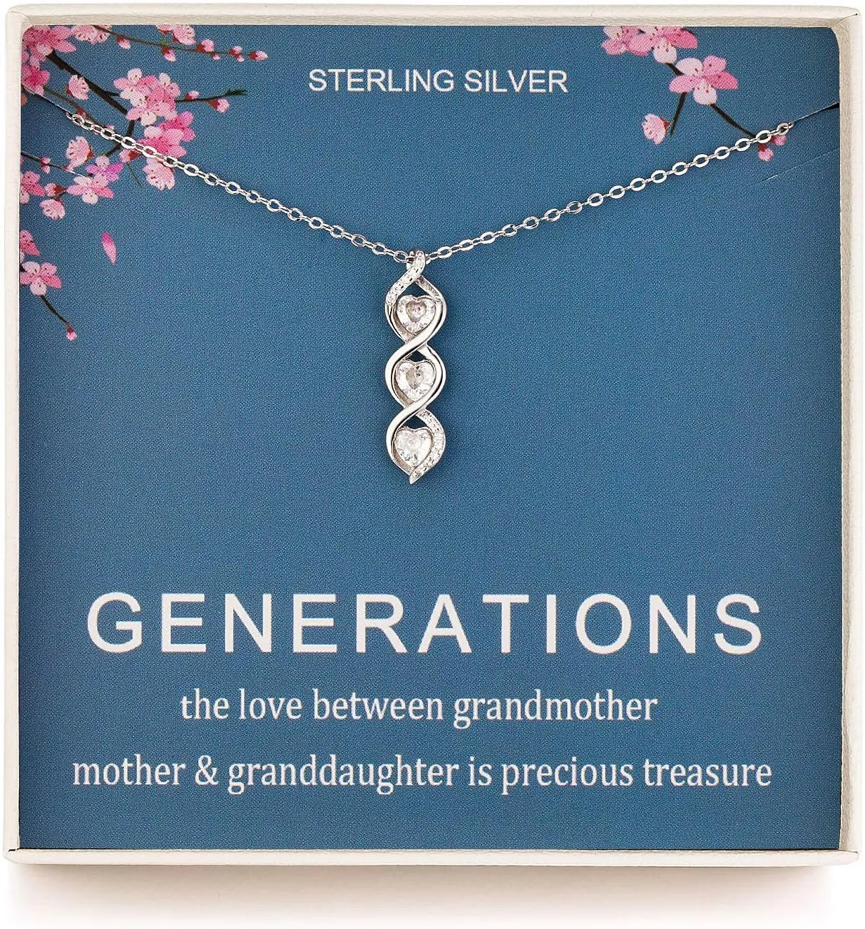 Generations Necklace - Sterling Silver Three Hearts Infinity Gene Necklace for Grandma Mom Granddaughter, Birthday Jewelry Mothers Day Gift