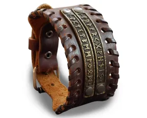 Genuine Leather Bracelet With Viking Rune Futhark Metal Plates For Men Women, Adjustable Wrap, Ethnic Tribal Braided Bracelet Wristbands