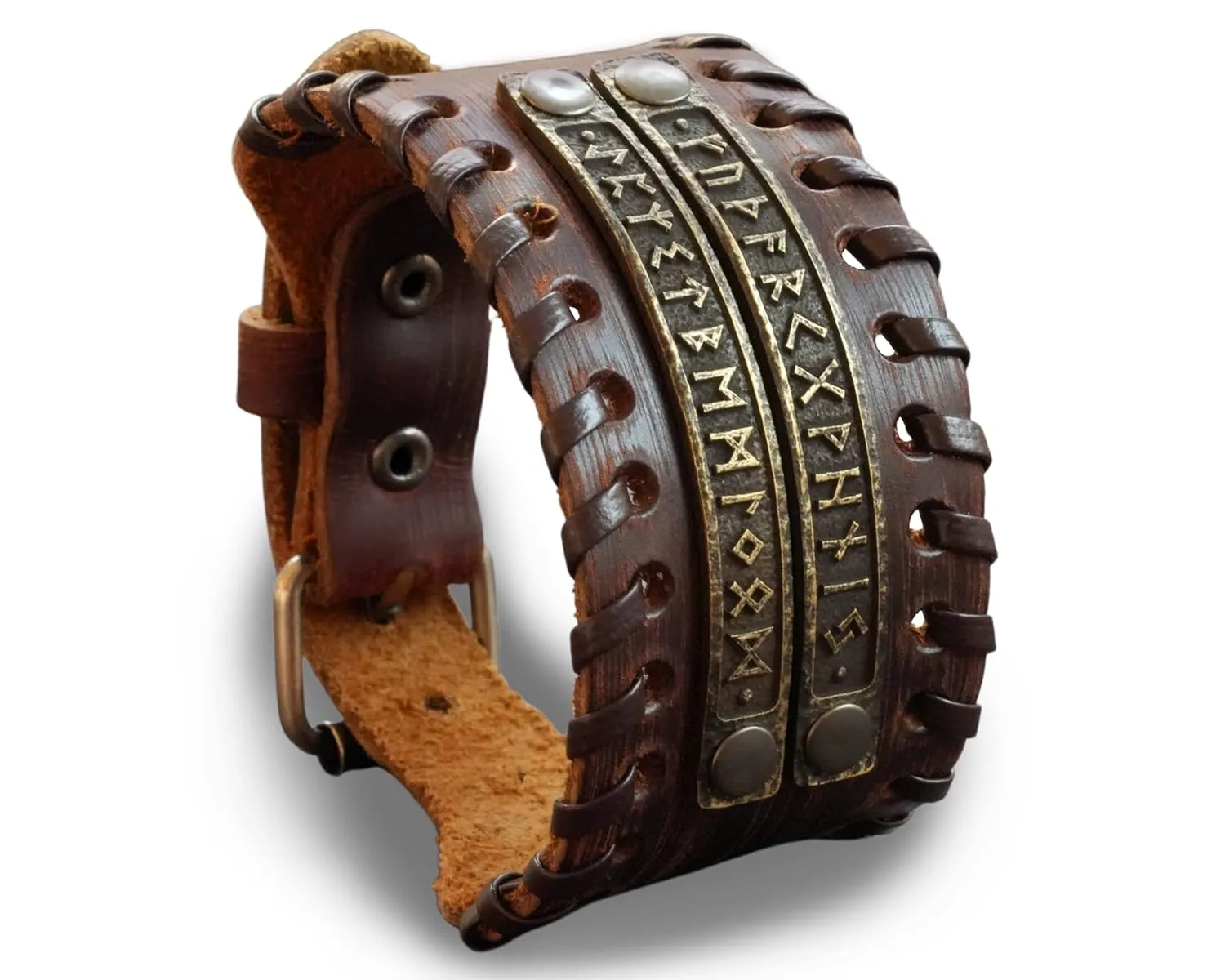 Genuine Leather Bracelet With Viking Rune Futhark Metal Plates For Men Women, Adjustable Wrap, Ethnic Tribal Braided Bracelet Wristbands
