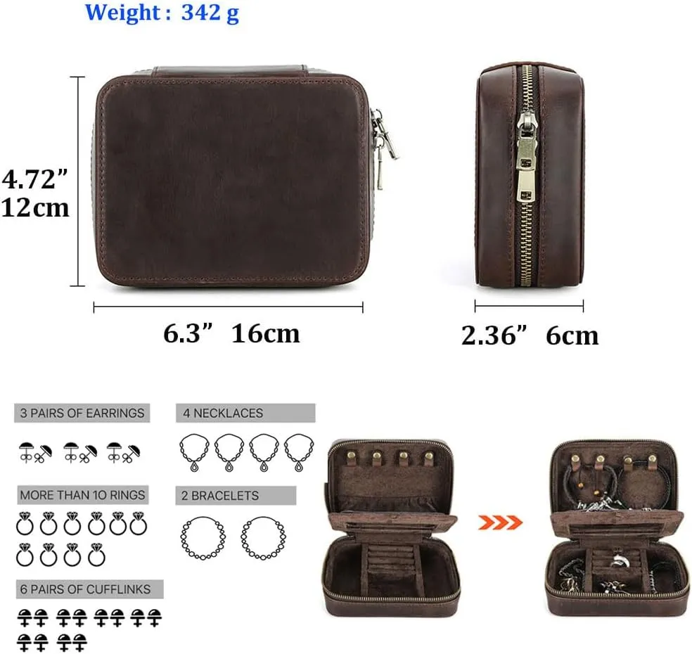 Genuine Leather Jewelry Box for Men Travel Jewelry Organizer Zipper Jewelry Cufflinks Ring Necklace Bracelet Storage Case with Mirror, Rectangular mirror, Coffee