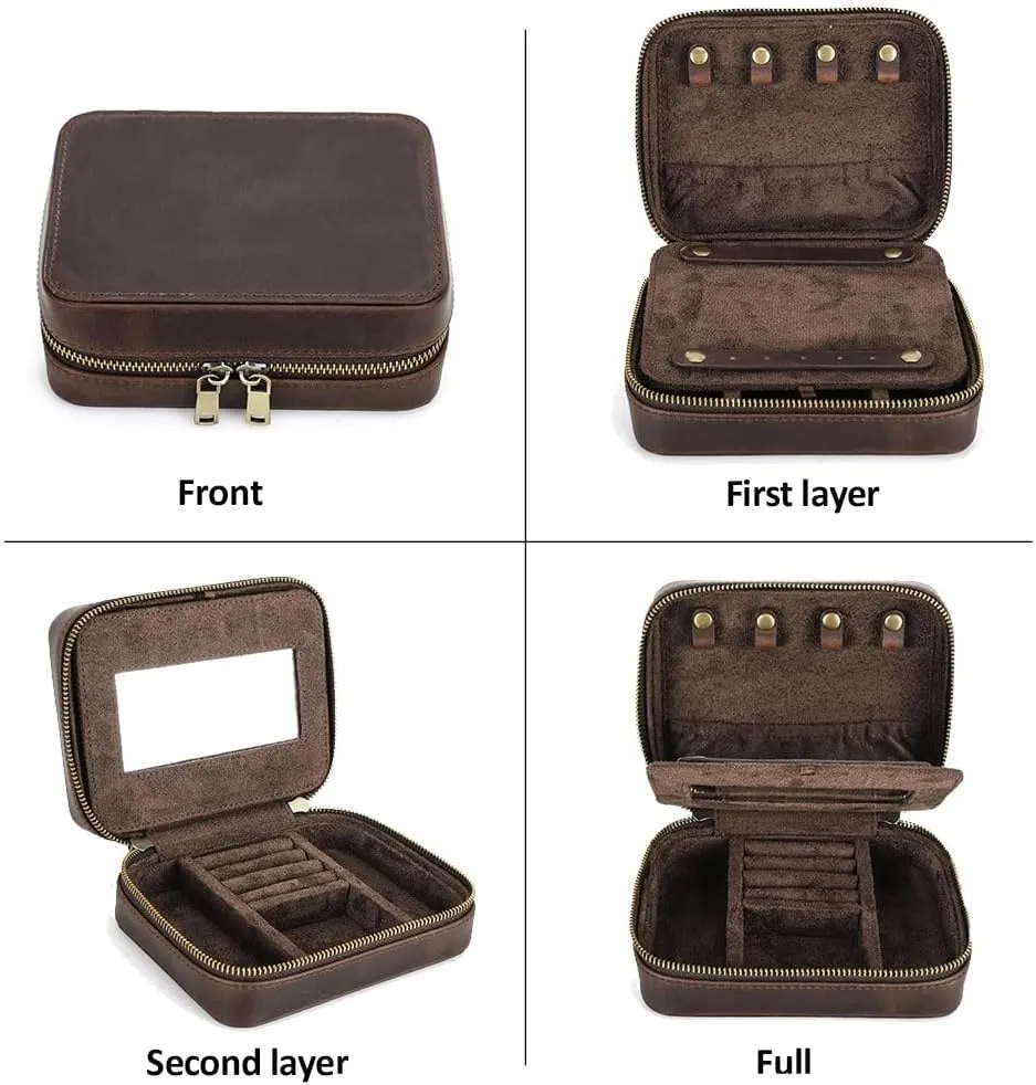 Genuine Leather Jewelry Box for Men Travel Jewelry Organizer Zipper Jewelry Cufflinks Ring Necklace Bracelet Storage Case with Mirror, Rectangular mirror, Coffee