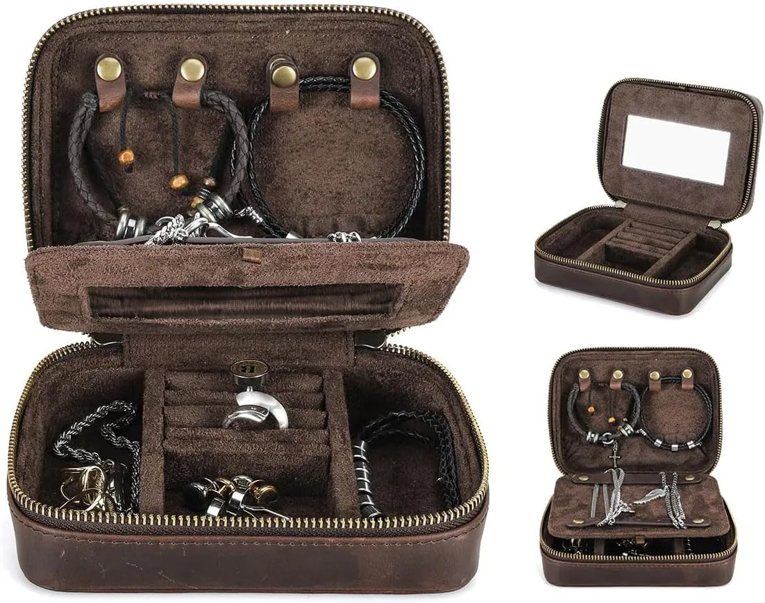 Genuine Leather Jewelry Box for Men Travel Jewelry Organizer Zipper Jewelry Cufflinks Ring Necklace Bracelet Storage Case with Mirror, Rectangular mirror, Coffee