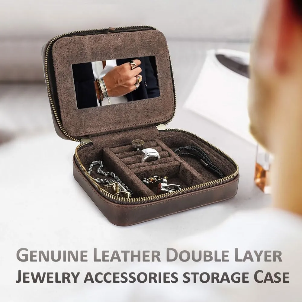 Genuine Leather Jewelry Box for Men Travel Jewelry Organizer Zipper Jewelry Cufflinks Ring Necklace Bracelet Storage Case with Mirror, Rectangular mirror, Coffee