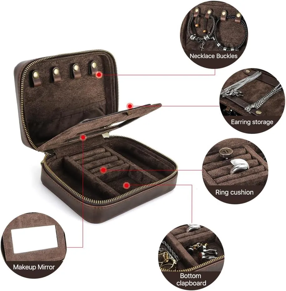 Genuine Leather Jewelry Box for Men Travel Jewelry Organizer Zipper Jewelry Cufflinks Ring Necklace Bracelet Storage Case with Mirror, Rectangular mirror, Coffee
