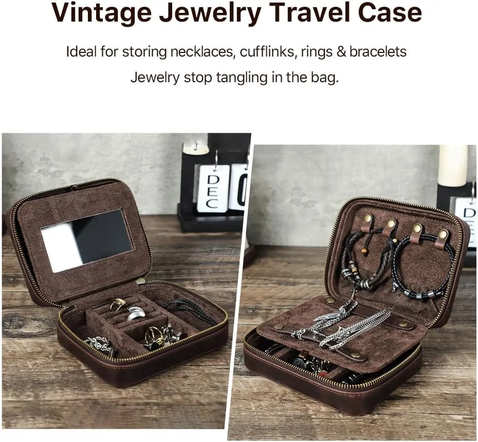 Genuine Leather Jewelry Box for Men Travel Jewelry Organizer Zipper Jewelry Cufflinks Ring Necklace Bracelet Storage Case with Mirror, Rectangular mirror, Coffee