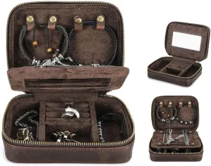 Genuine Leather Jewelry Box for Men Travel Jewelry Organizer Zipper Jewelry Cufflinks Ring Necklace Bracelet Storage Case with Mirror, Rectangular mirror, Coffee
